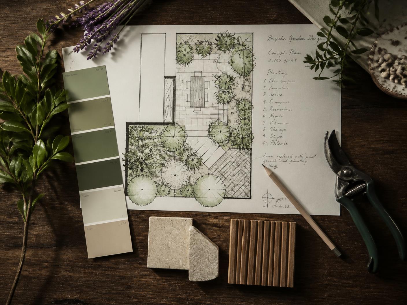 Handgetekend tuinontwerp met beplantingsplan, kleurstalen en materiaalmonsters op een houten tafel