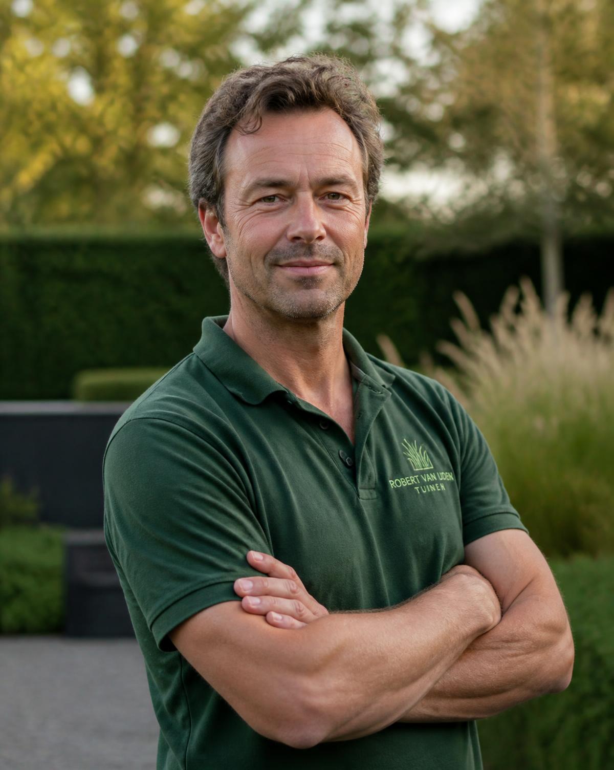 Hovenier van Garden Beauty aan het werk in een tuin met gereedschap